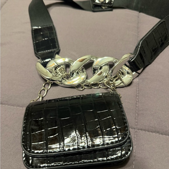 Black Croc-Embossed belt Bag with Silver Chain - Picture 2 of 5